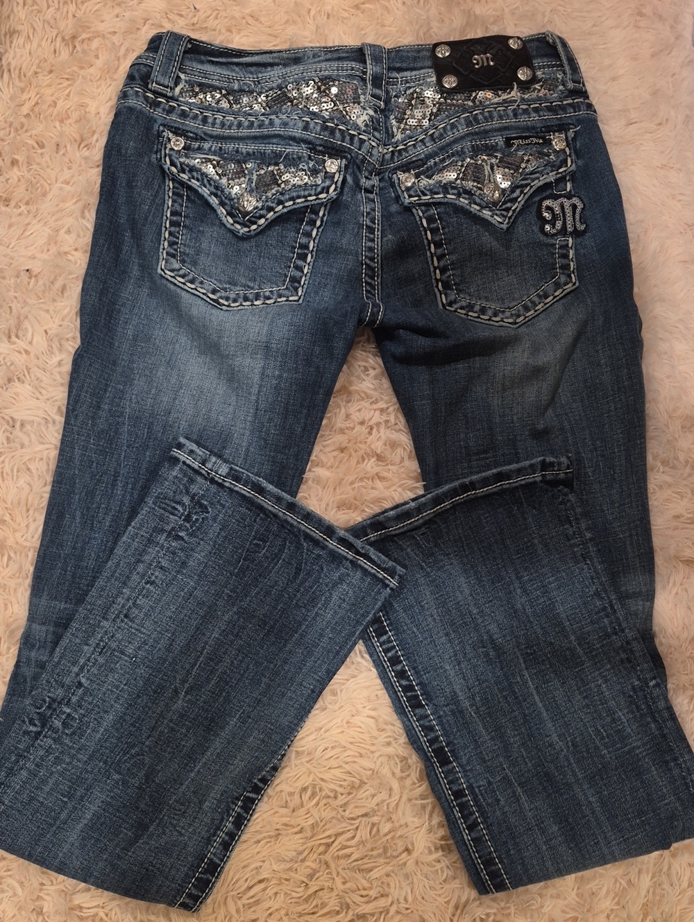 Miss Me Dark Blue Sequin Back Pocket Boot Cut Jeans